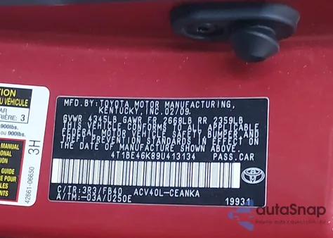 2009 Toyota Camry Le from USA, damaged, VIN 4T1BE46K89U413134